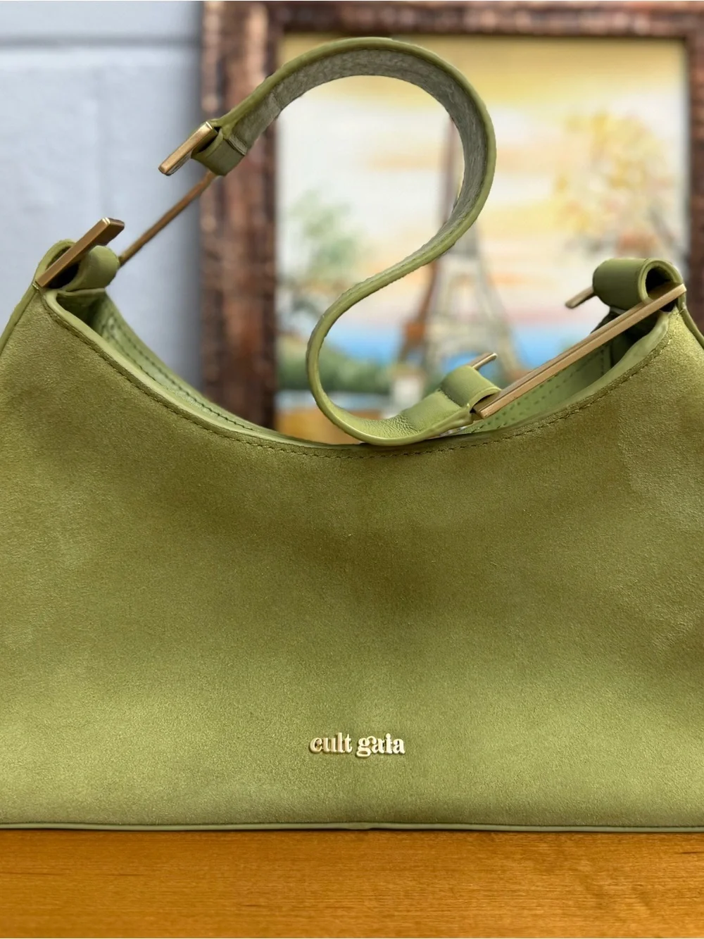 Cult Gaia Aliza Lime Green Suede Leather Shoulder Bag Gold Hardware